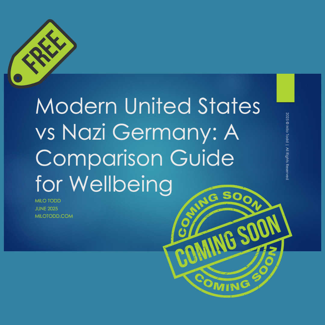 A dark blue slide on a medium blue background. The slide shows the title "Modern United States vs Nazi Germany: A Comparison Guide for Wellbeing" in large white letters. In small green letters underneath, it says, "Milo Todd, June 2025, milotodd.com." Included in the picture is a bright green sales tag that reads "FREE" and a bright green stamp that says "COMING SOON." The slide has a bright green bookmark tag on the upper right. Underneath it in small, vertical text reads "2025 Milo Todd, All Rights Reserved."